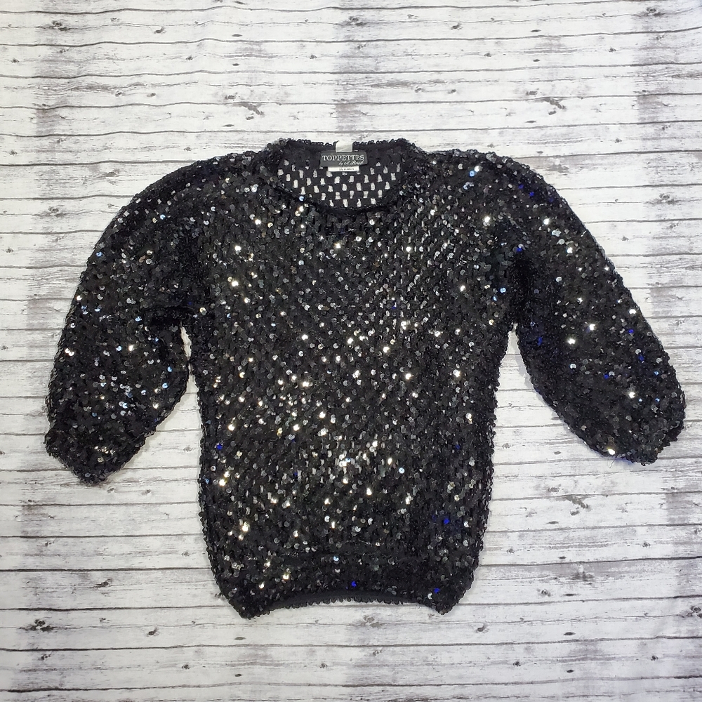 80s Vintage Sweater Toppettes Sequins Black Dressy